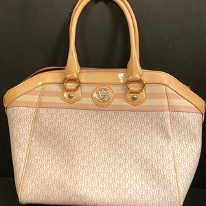 Victor Hugo Beige Leather Satchel Speedy Handbag Tote Monogram Shopping Bag
